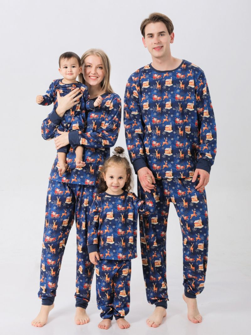 Tecknad Santa Älg House Pattern Christmas Pyjamas Familjen