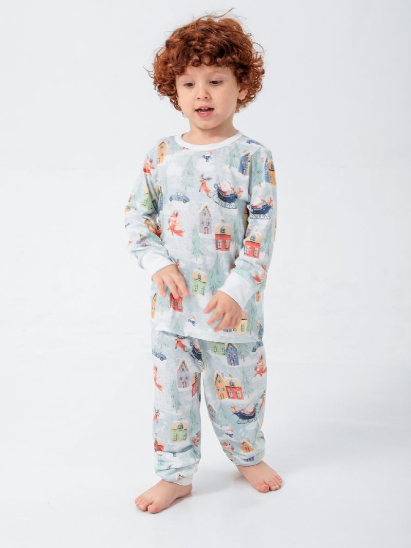 Tecknad Santa Älg House Snowman Pattern Christmas Pyjamas Familjen