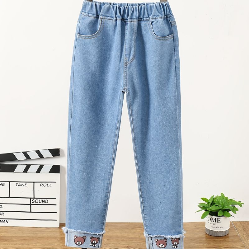 Barn Flickor Casual Denim Cartoon Bear Print Jeans Vår Höst