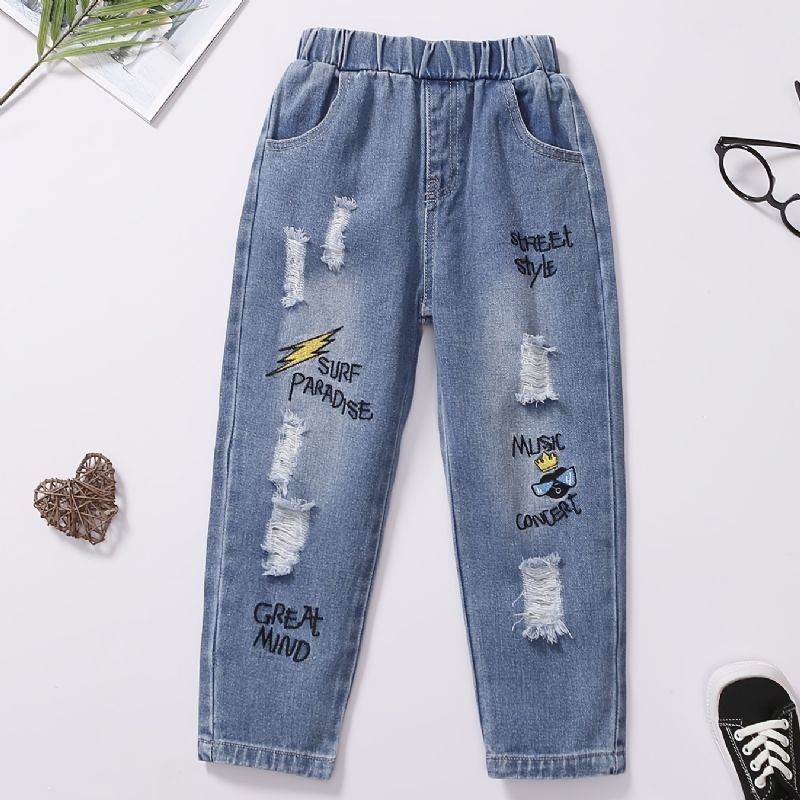 Barn Flickor Rippade Jeans Elastiskt Midjeband Broderi Tecknat Mönster Denim Barnkläder