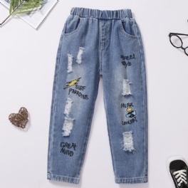 Barn Flickor Rippade Jeans Elastiskt Midjeband Broderi Tecknat Mönster Denim Barnkläder