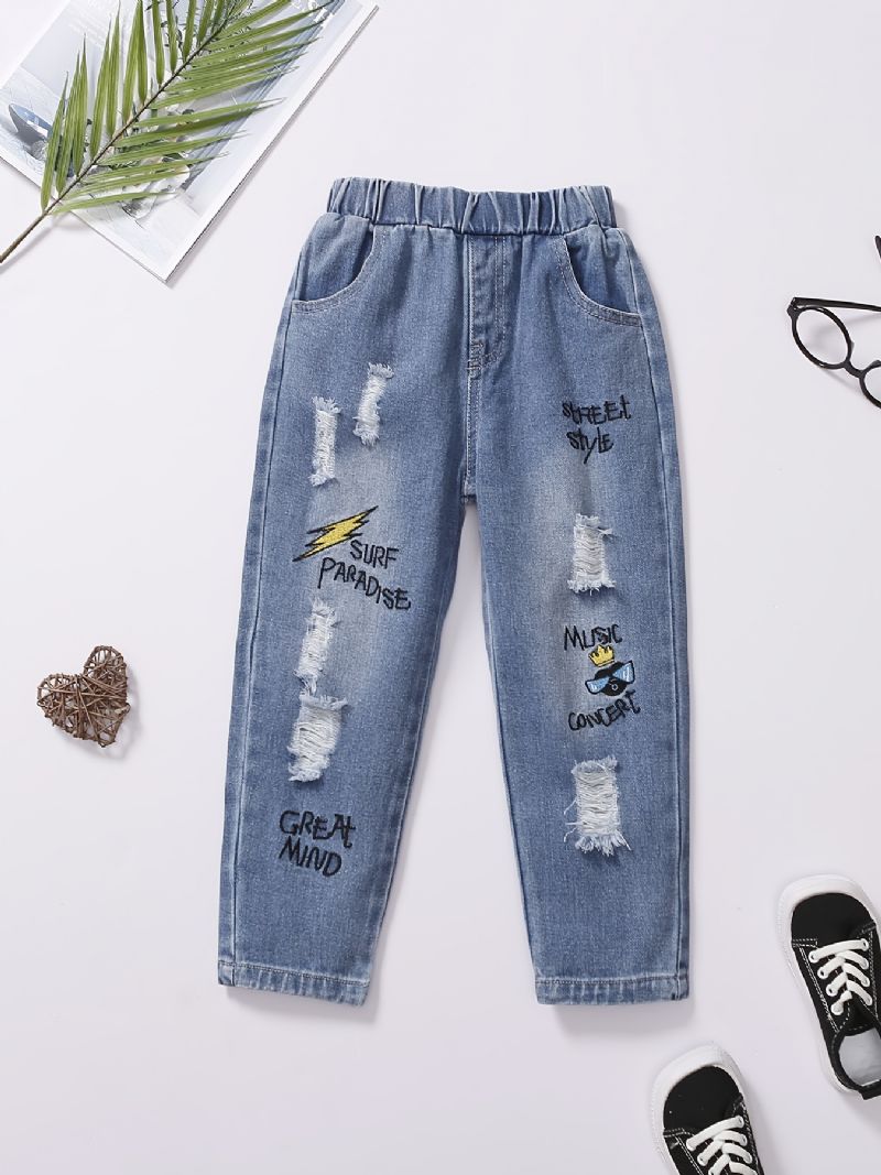 Barn Flickor Rippade Jeans Elastiskt Midjeband Broderi Tecknat Mönster Denim Barnkläder