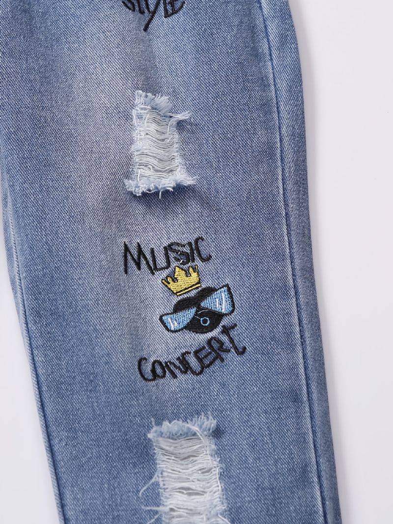 Barn Flickor Rippade Jeans Elastiskt Midjeband Broderi Tecknat Mönster Denim Barnkläder