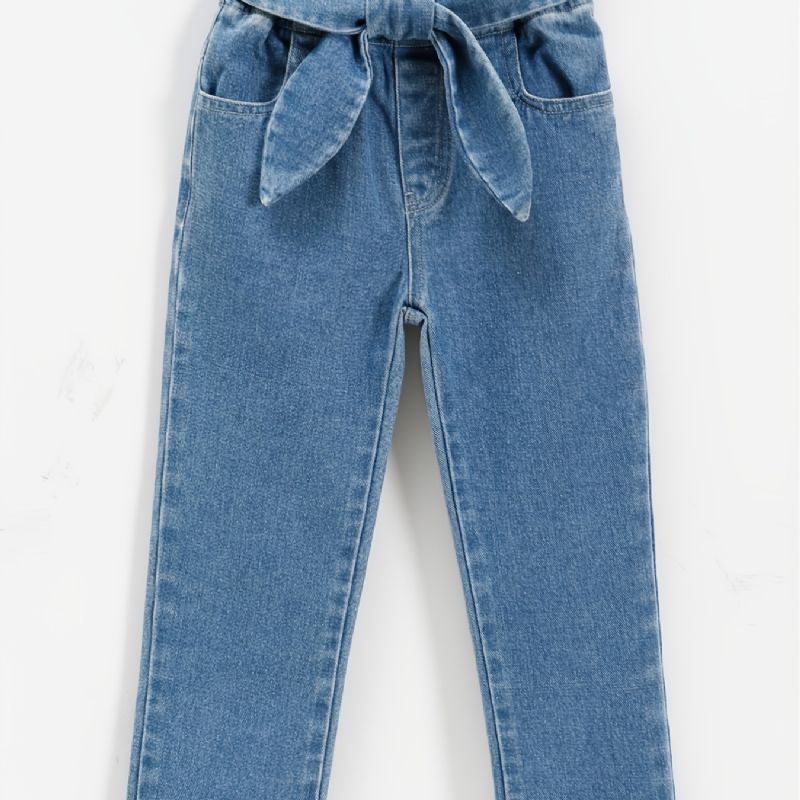 Barns Flickor Jeans Casual Enfärgad Rosett Bälte Byxor Barnkläder