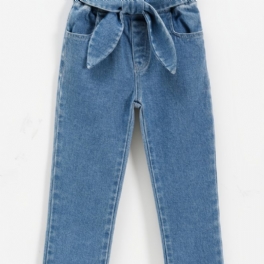 Barns Flickor Jeans Casual Enfärgad Rosett Bälte Byxor Barnkläder