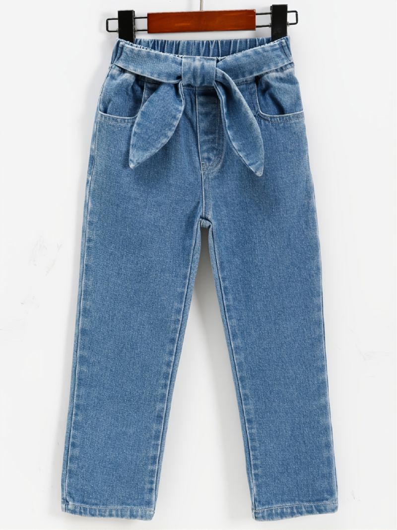 Barns Flickor Jeans Casual Enfärgad Rosett Bälte Byxor Barnkläder