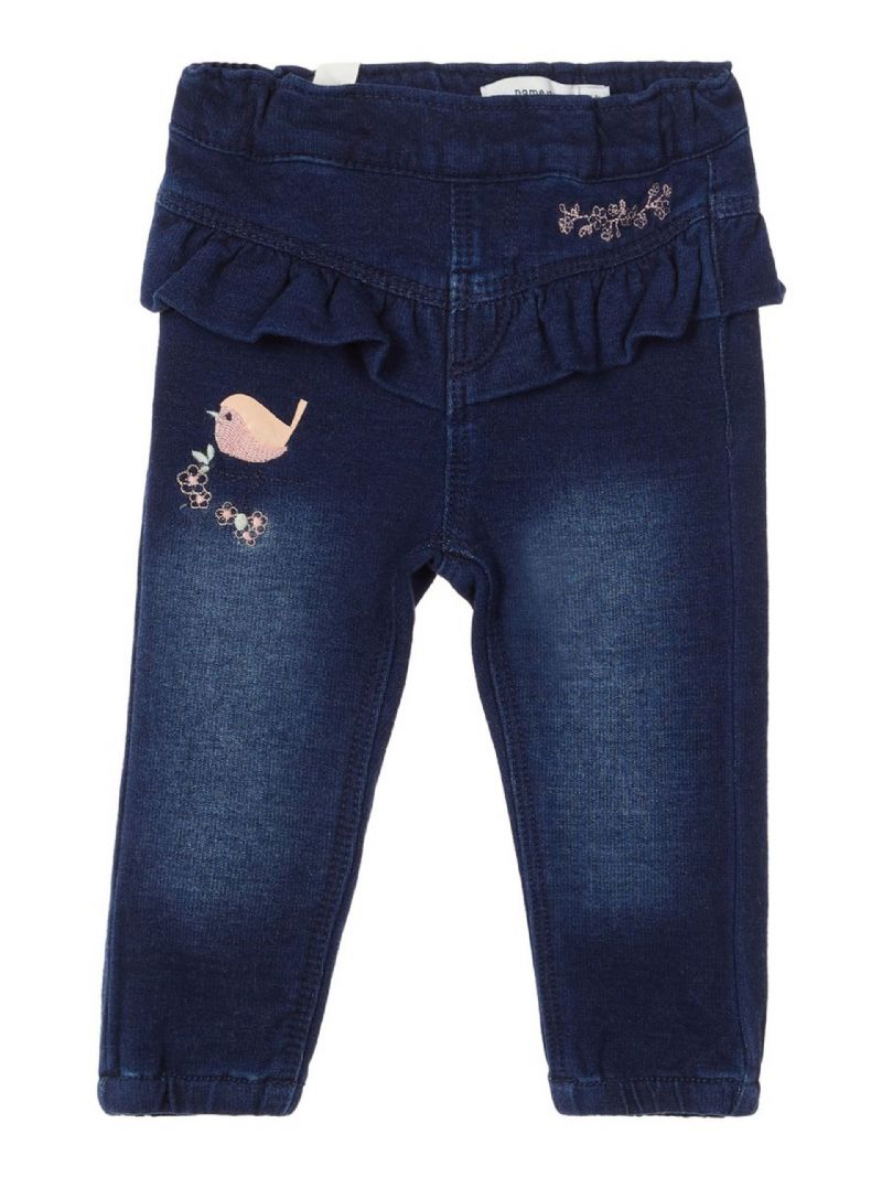 Bebis Flickor Casual Mjuka Jeans Little Bird Flower Broderade Spetsbyxor Barnkläder