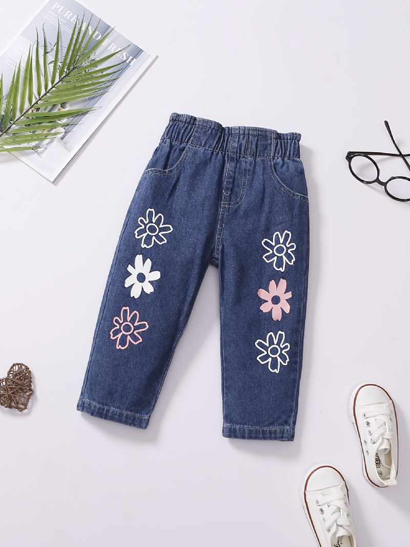 Bebis Flickor Denim Casual Mode Jeans Blommor Print Byxa Barnkläder