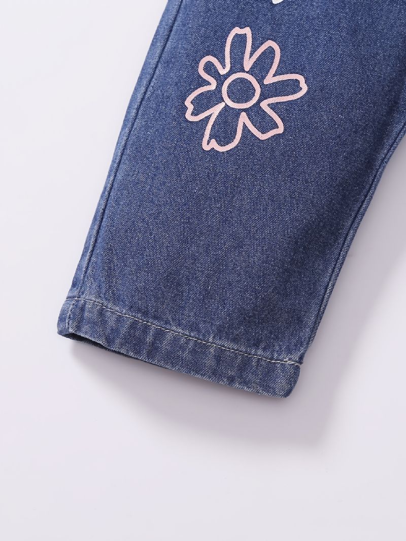 Bebis Flickor Denim Casual Mode Jeans Blommor Print Byxa Barnkläder