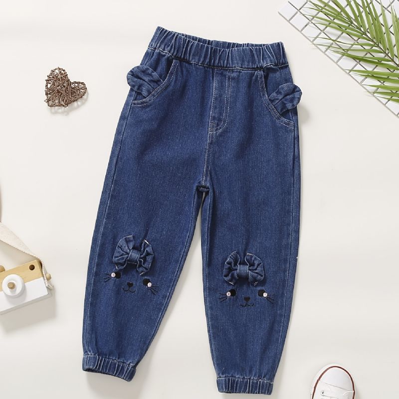 Bebis Flickor Jeans Barn Elastisk Midja Kanin Broderade Joggingbyxor