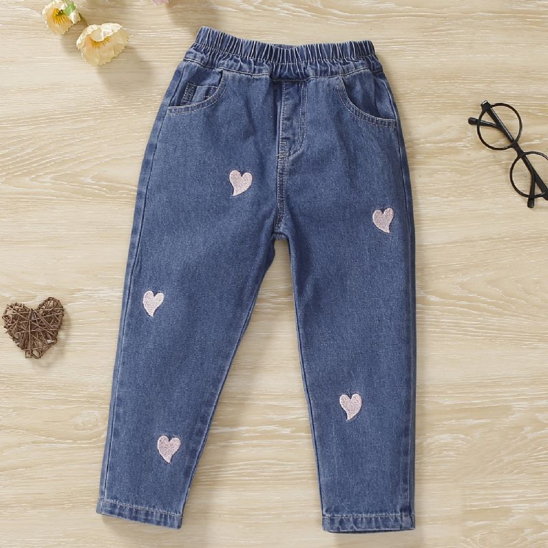 Bebis Flickor Jeans Casual Heart Brodery Byxor Barnkläder