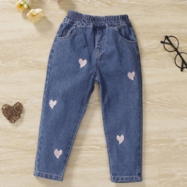 Bebis Flickor Jeans Casual Heart Brodery Byxor Barnkläder