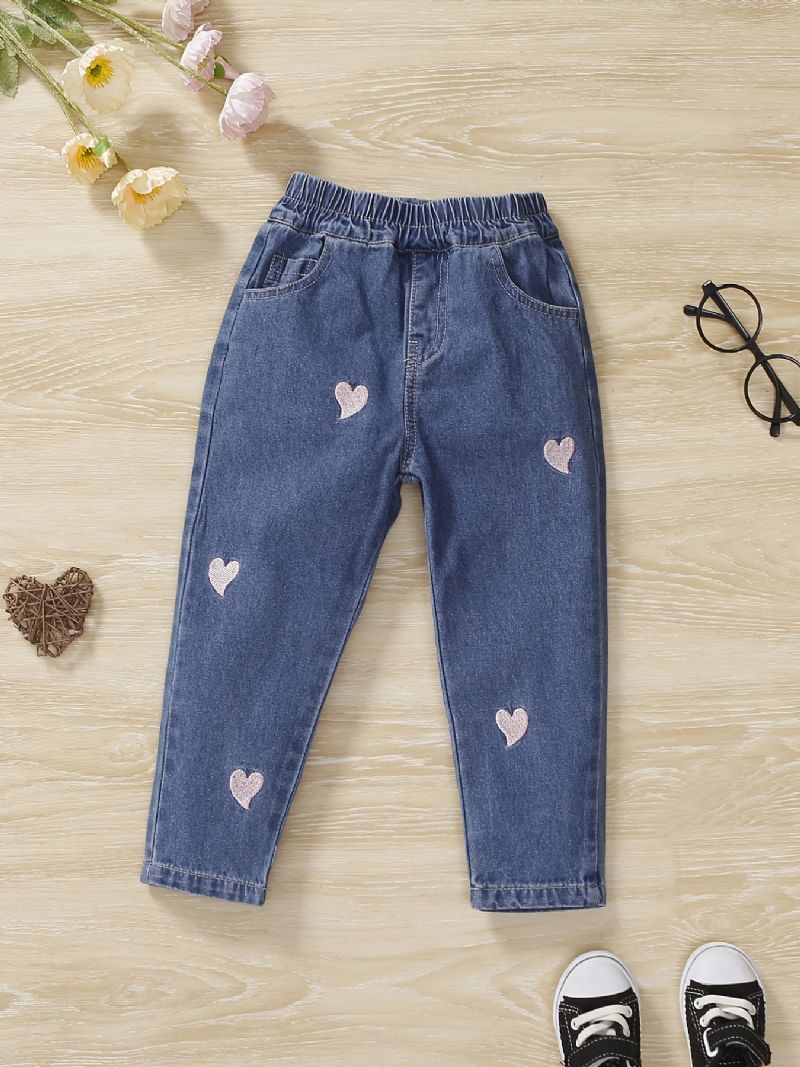 Bebis Flickor Jeans Casual Heart Brodery Byxor Barnkläder