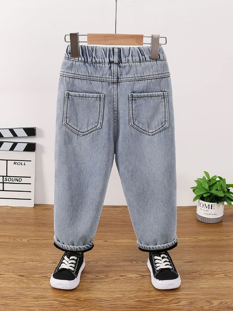 Bebis Pojkar Jeans Casual Plysch Varm Elastisk Midja Byxor Barnkläder