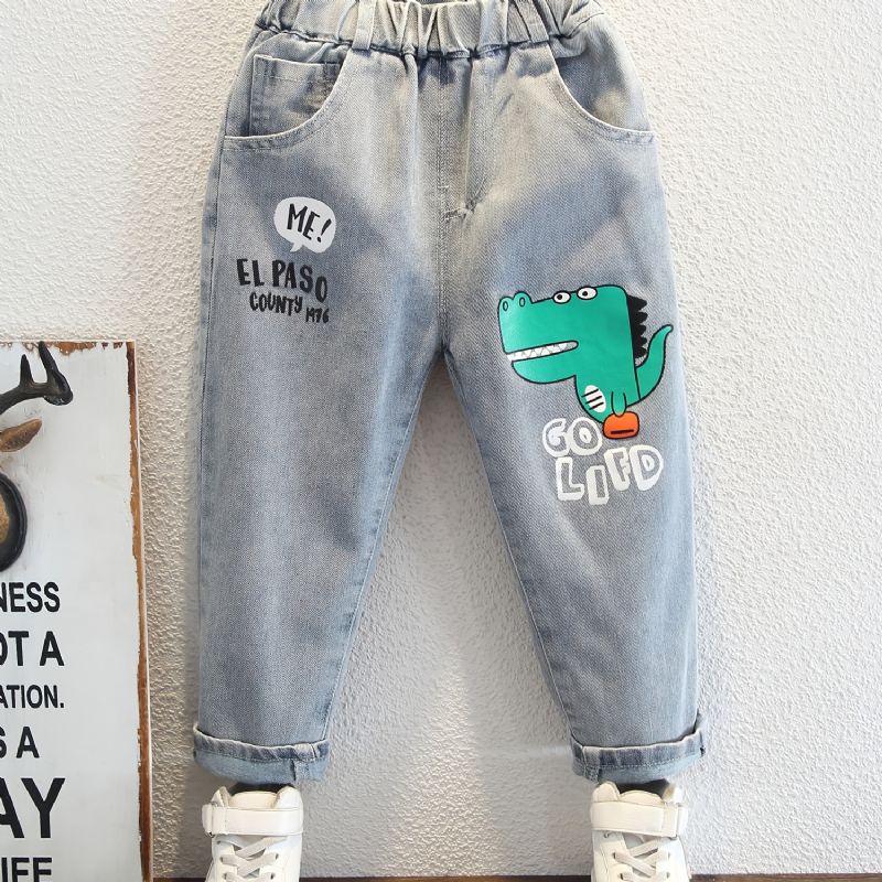 Bebis Pojkar Jeans Elastisk Midja Dinosaur Print Jeansbyxor Barnkläder