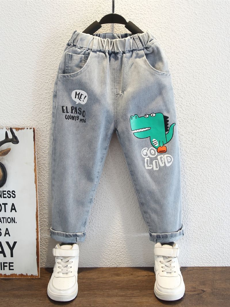 Bebis Pojkar Jeans Elastisk Midja Dinosaur Print Jeansbyxor Barnkläder