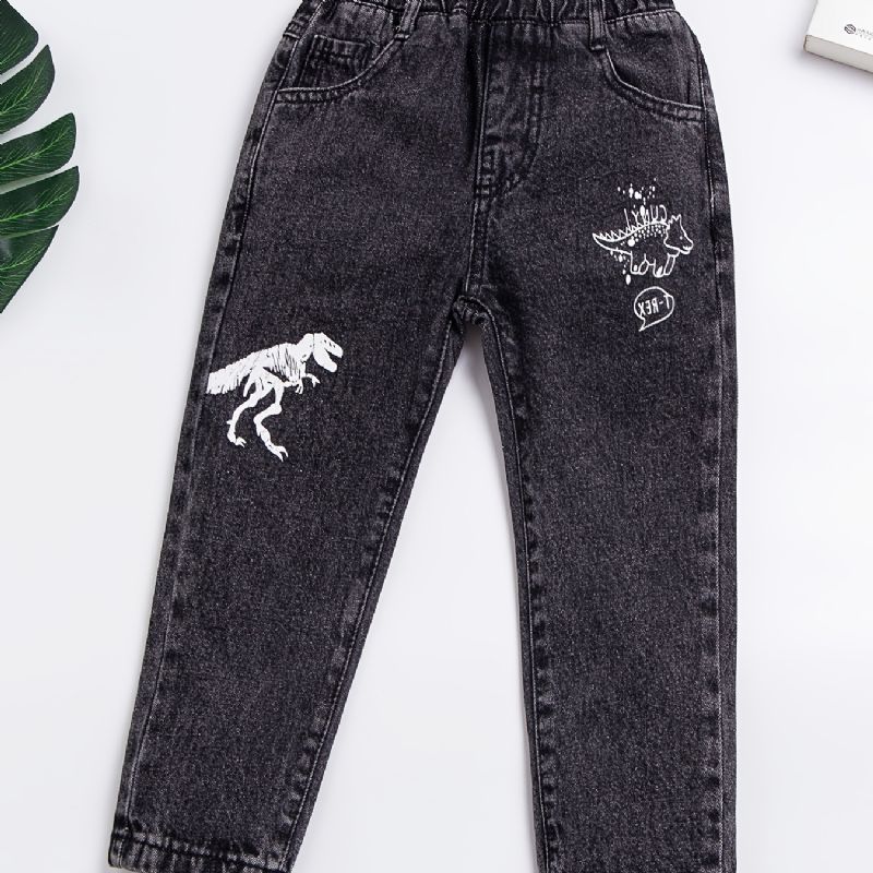 Bebis Pojkar Retro Jeans Casual Dinosaur Print Elastisk Midja Jeansbyxor Barnkläder