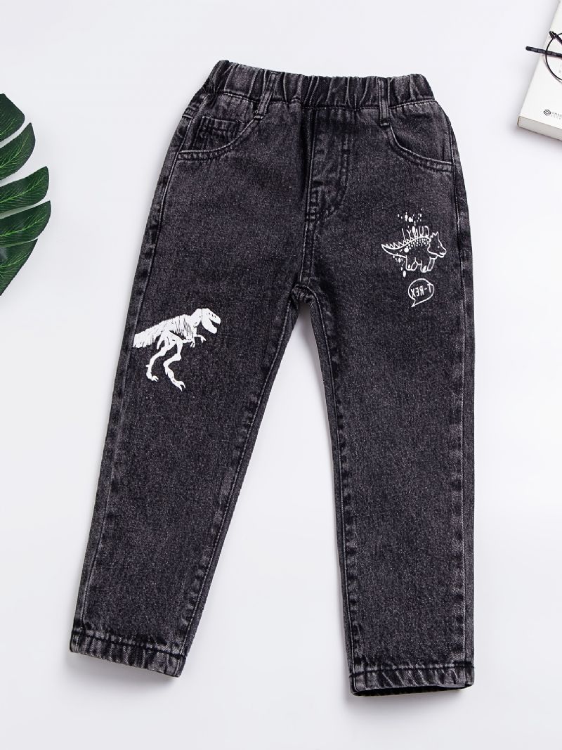 Bebis Pojkar Retro Jeans Casual Dinosaur Print Elastisk Midja Jeansbyxor Barnkläder