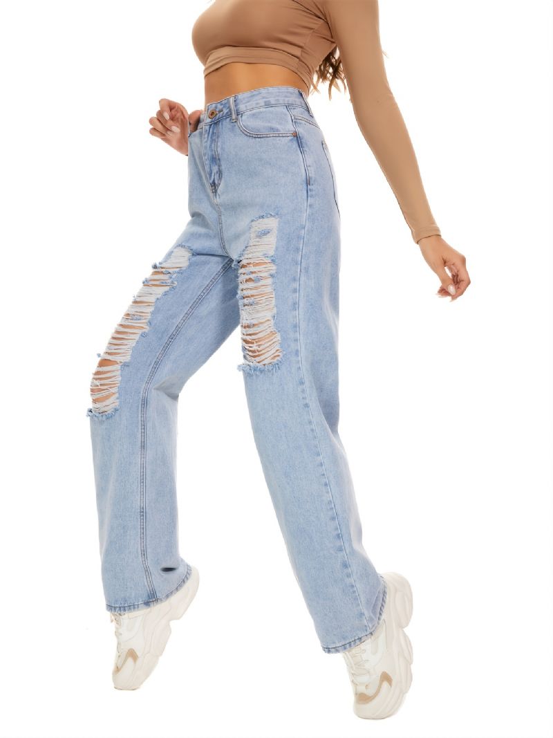 Damer Med Hög Midja Slitna Raka Ben Jeans För Flickor I Y2k-stil Pojkar