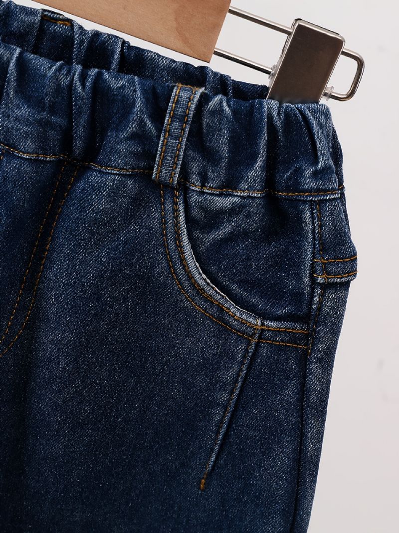 Fleece Jeans Med Raka Ben För Flickor Björnmönster Elastiskt Midjeband Jeansbyxor För Vinter Barnkläder