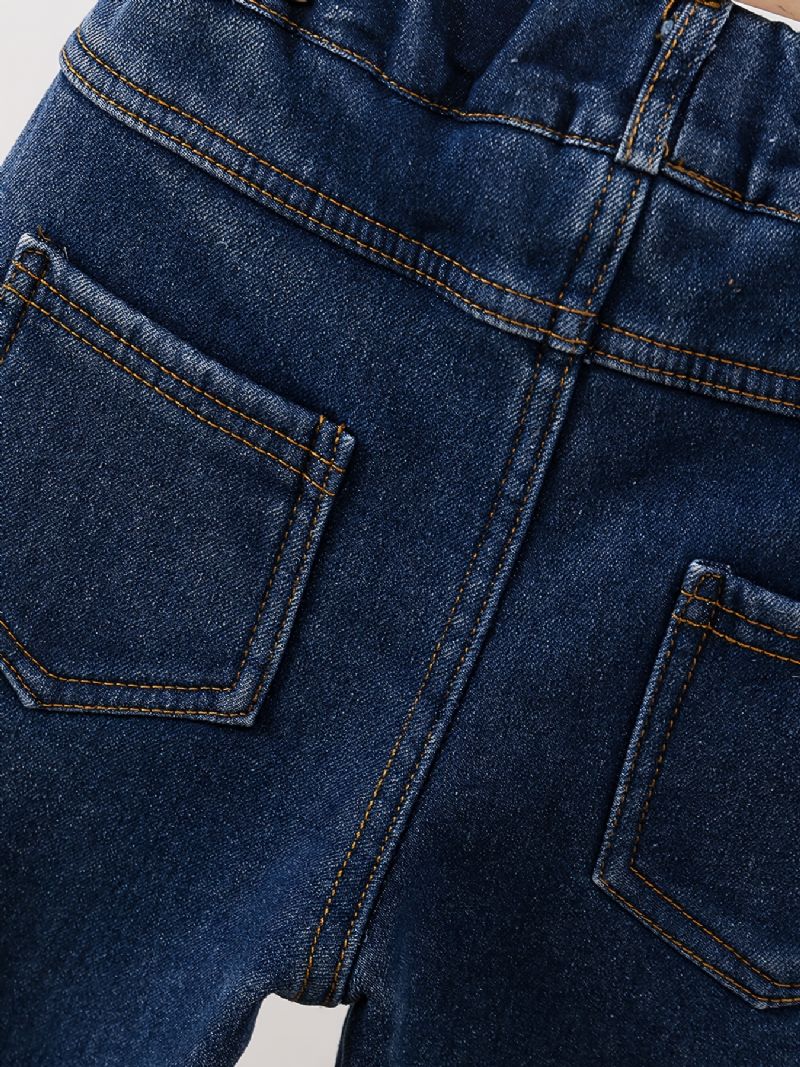 Fleece Jeans Med Raka Ben För Flickor Björnmönster Elastiskt Midjeband Jeansbyxor För Vinter Barnkläder