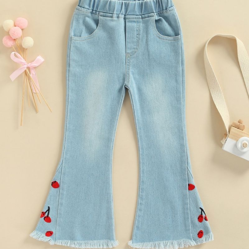 Flickor 2023 Nya Broderade Cherry Denim Flare Jeans