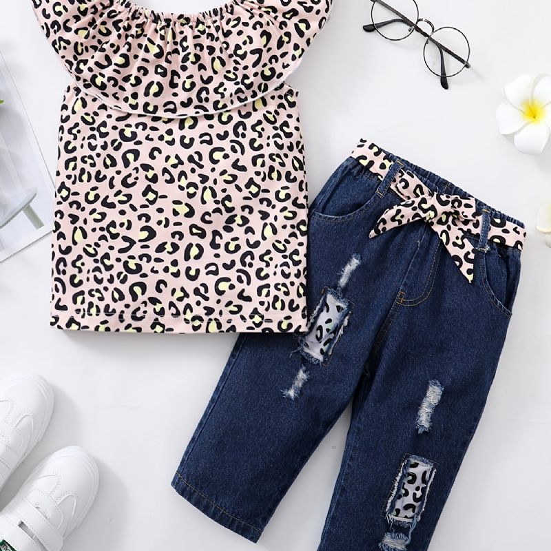 Flickor Ärmlös Leopard Print Top + Matchande Bälte Ripped Jeans Barnkläder