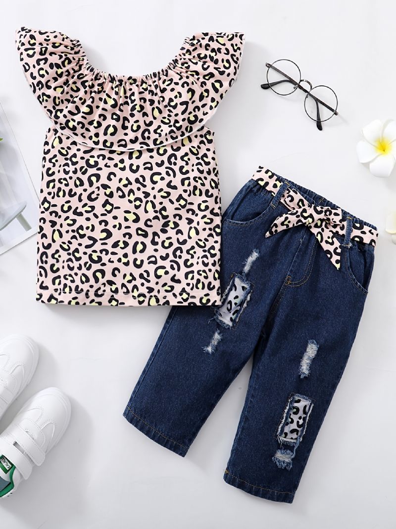 Flickor Ärmlös Leopard Print Top + Matchande Bälte Ripped Jeans Barnkläder