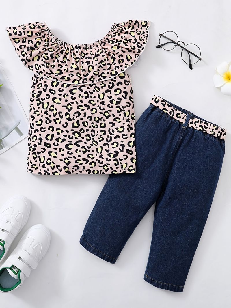 Flickor Ärmlös Leopard Print Top + Matchande Bälte Ripped Jeans Barnkläder