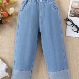 Flickor Casual Patchwork Denim Jeans Solid Lösa Raka Ben Byxor