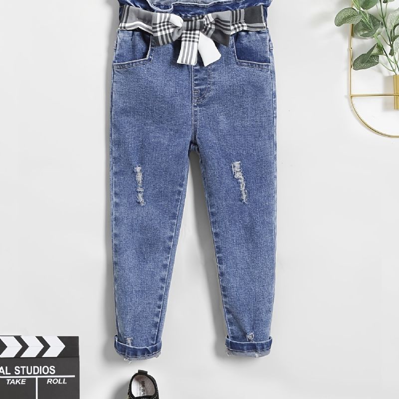 Flickor Casual Ripped Denim Jeans Med Rutigt Rosett Bälte För Vintern