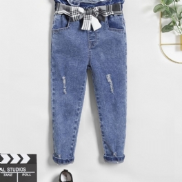 Flickor Casual Ripped Denim Jeans Med Rutigt Rosett Bälte För Vintern