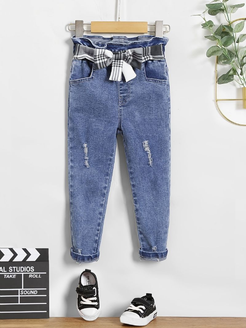 Flickor Casual Ripped Denim Jeans Med Rutigt Rosett Bälte För Vintern