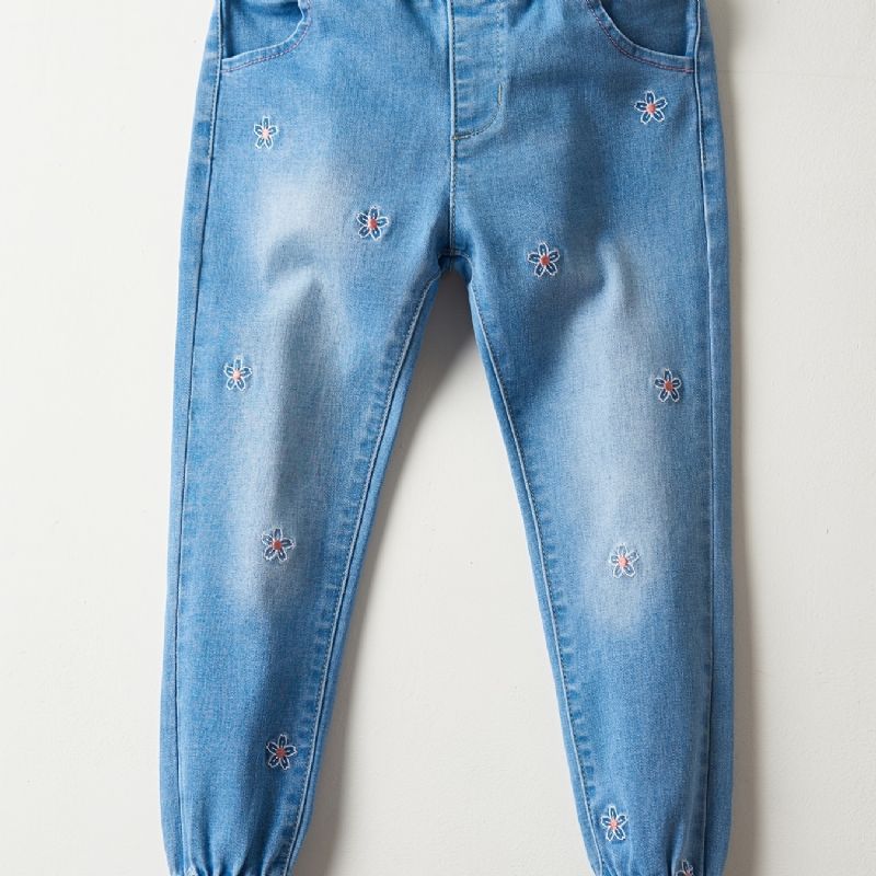 Flickor Casual Vintage Elastiska Jeans Med Blomma Broderier För Vintern