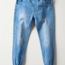 Flickor Casual Vintage Elastiska Jeans Med Blomma Broderier För Vintern