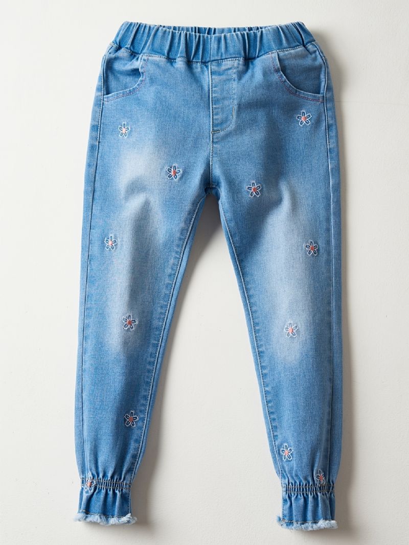 Flickor Casual Vintage Elastiska Jeans Med Blomma Broderier För Vintern