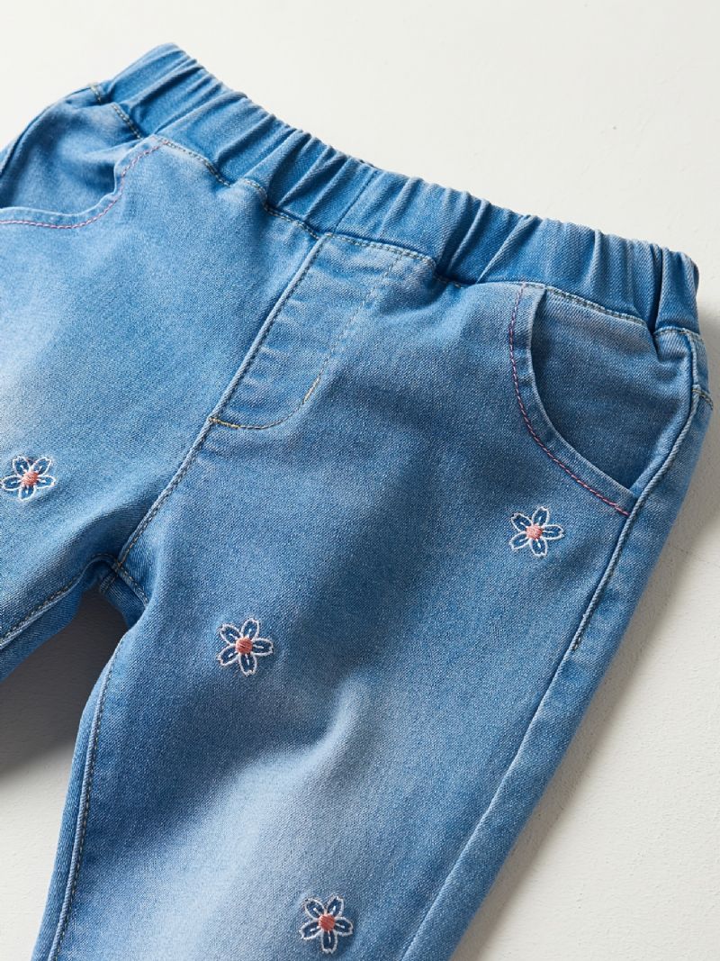 Flickor Casual Vintage Elastiska Jeans Med Blomma Broderier För Vintern