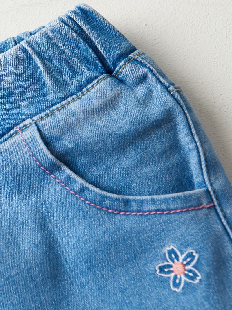 Flickor Casual Vintage Elastiska Jeans Med Blomma Broderier För Vintern