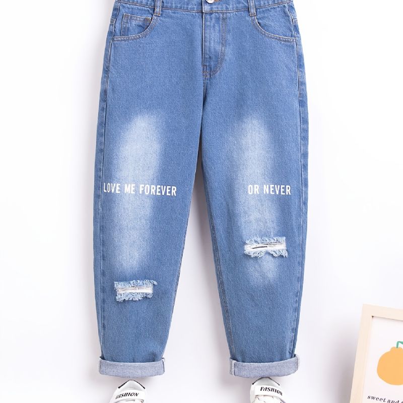 Flickor Retro Ripped Jeans Bokstäver Print Denim Byxor