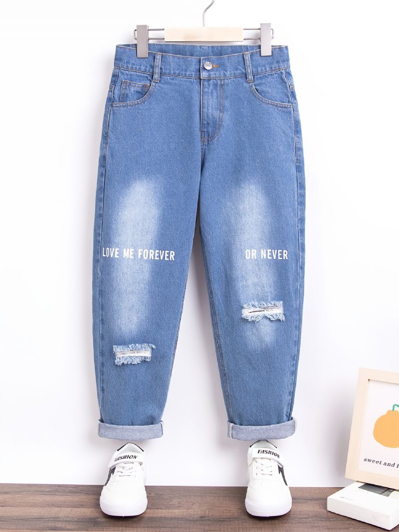 Flickor Retro Ripped Jeans Bokstäver Print Denim Byxor