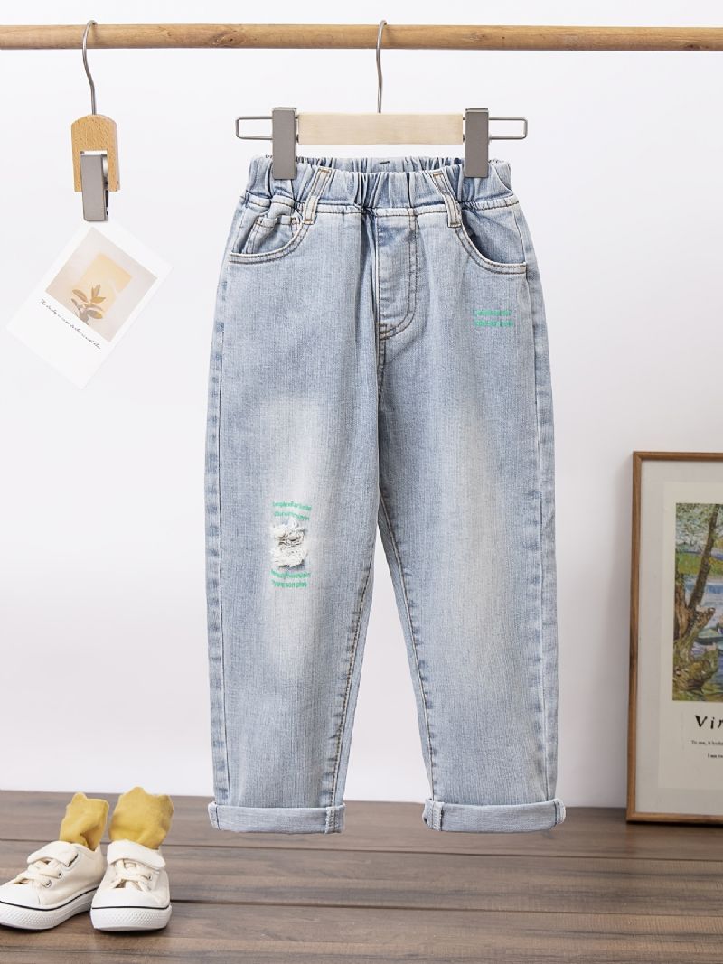 Flickor Ripped Jeans Brev Blommor Print Elastisk Midja Jeansbyxor Barnkläder