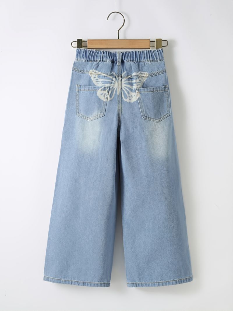 Flickor Ripped Wide Leg Butterfly Back Print Denim Jeans Barnkläder