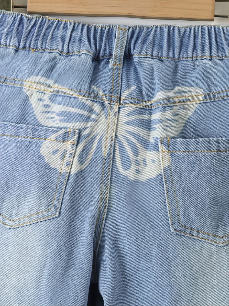 Flickor Ripped Wide Leg Butterfly Back Print Denim Jeans Barnkläder