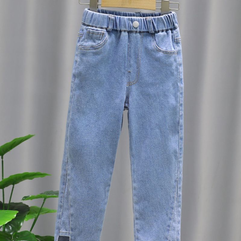 Flickor Solid Denim Eleganta Jeans Med Sidofickor Casual Byxor