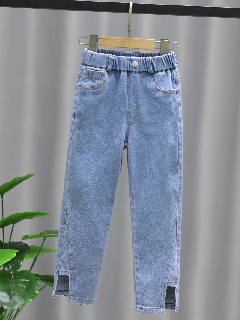 Flickor Solid Denim Eleganta Jeans Med Sidofickor Casual Byxor