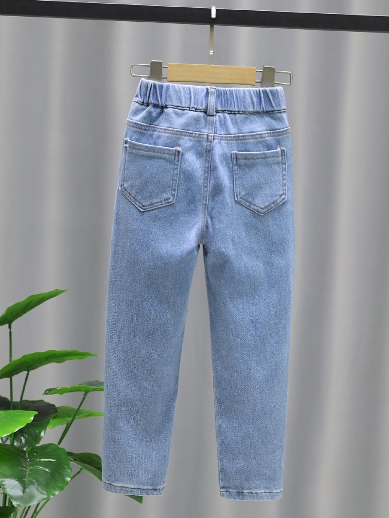 Flickor Solid Denim Eleganta Jeans Med Sidofickor Casual Byxor