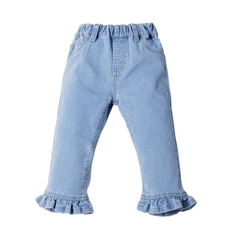 Flickor Solid Volang Utsvängda Jeans Elastiskt Midjeband Jeansbyxor Bebis Barnkläder