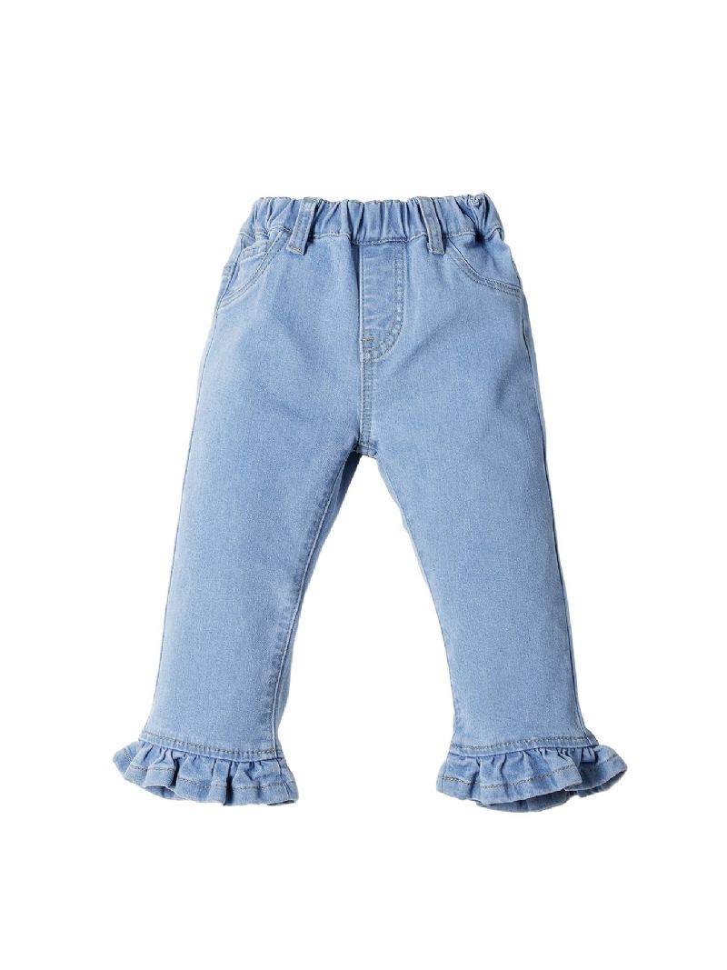 Flickor Solid Volang Utsvängda Jeans Elastiskt Midjeband Jeansbyxor Bebis Barnkläder