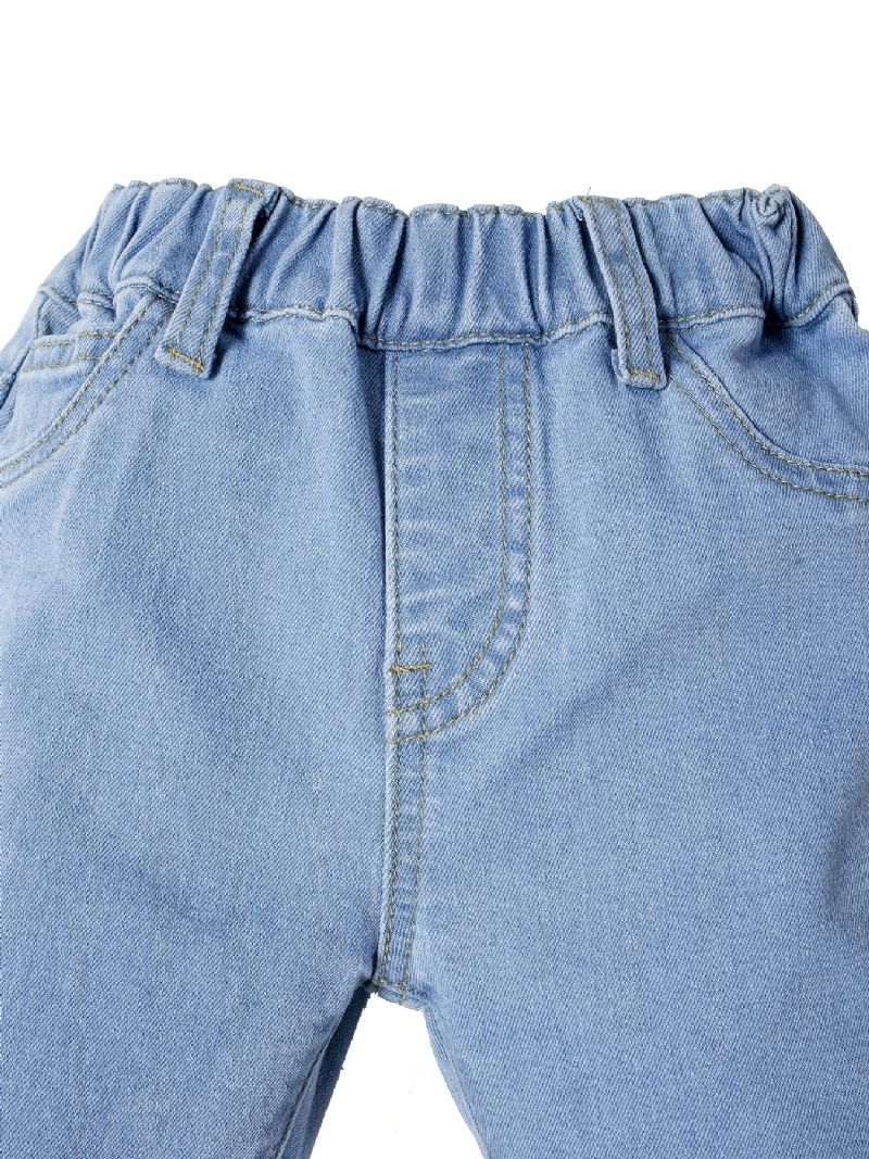 Flickor Solid Volang Utsvängda Jeans Elastiskt Midjeband Jeansbyxor Bebis Barnkläder