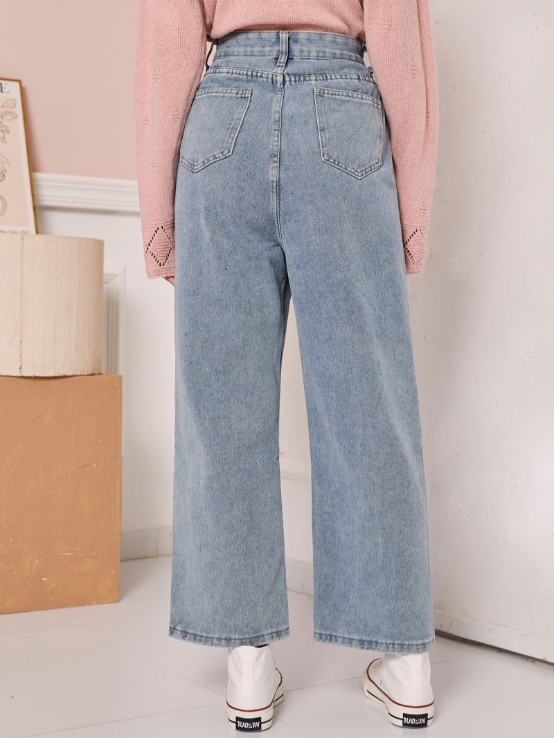 Jeans Med Hög Midja Vid Ben För Kvinnor Flicka Med Knapp Gylf Loose Fit Boot Cut Med Vida Ben